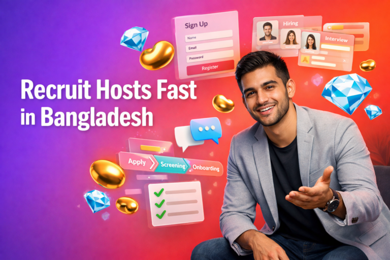 A welcoming young entrepreneur in a modern workspace with 3D recruitment and registration UI elements, golden beans and sky-blue diamonds, illustrating chamet agency registration bangladesh for a chamet agency.