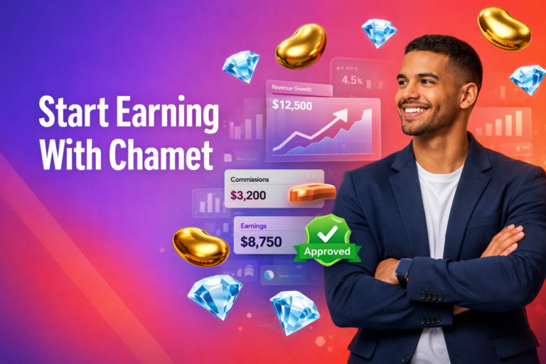 Confident entrepreneur with 3D commission dashboard UI, gold beans and blue diamonds illustrating chamet agency registration indonesia for chamet agency earnings.