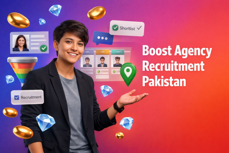 Featured image showing a welcoming entrepreneur with recruitment UI elements for chamet agency recruitment in pakistan, with floating golden beans and sky-blue diamond icons on a purple-to-red gradient background.