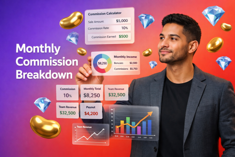 Featured image showing a focused entrepreneur reviewing dashboards with beans and diamonds while explaining chamet agency monthly income breakdown and commission calculations.