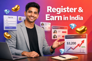 Featured image for chamet agency recruitment in india showing a welcoming entrepreneur in a modern workspace with 3D recruitment UI panels, social recruiting elements, and gold bean and sky-blue diamond icons on a purple-to-red gradient background.