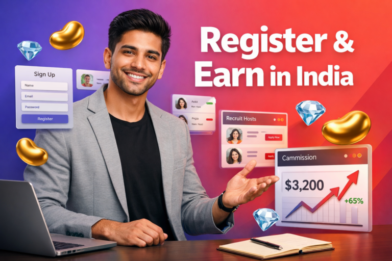 Featured image for chamet agency recruitment in india showing a welcoming entrepreneur in a modern workspace with 3D recruitment UI panels, social recruiting elements, and gold bean and sky-blue diamond icons on a purple-to-red gradient background.