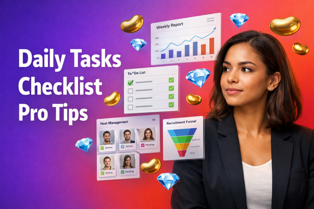 Professional featured image for chamet agency agent daily tasks checklist, showing a focused entrepreneur in a modern workspace with 3D checklist and analytics UI, plus golden bean and sky-blue diamond icons on a purple-to-red gradient background.