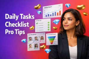 Professional featured image for chamet agency agent daily tasks checklist, showing a focused entrepreneur in a modern workspace with 3D checklist and analytics UI, plus golden bean and sky-blue diamond icons on a purple-to-red gradient background.