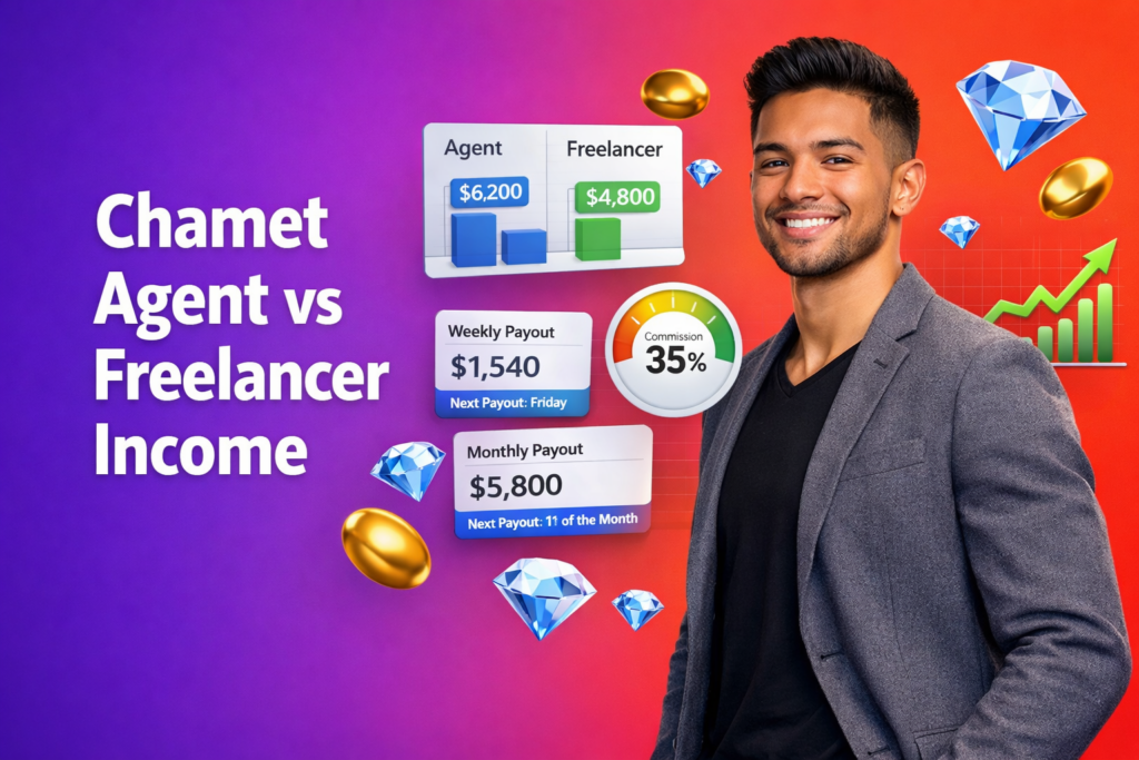 Featured image comparing chamet agent vs freelancer income with a confident entrepreneur and floating analytics UI, beans and diamonds, explaining chamet agency earnings and payouts.