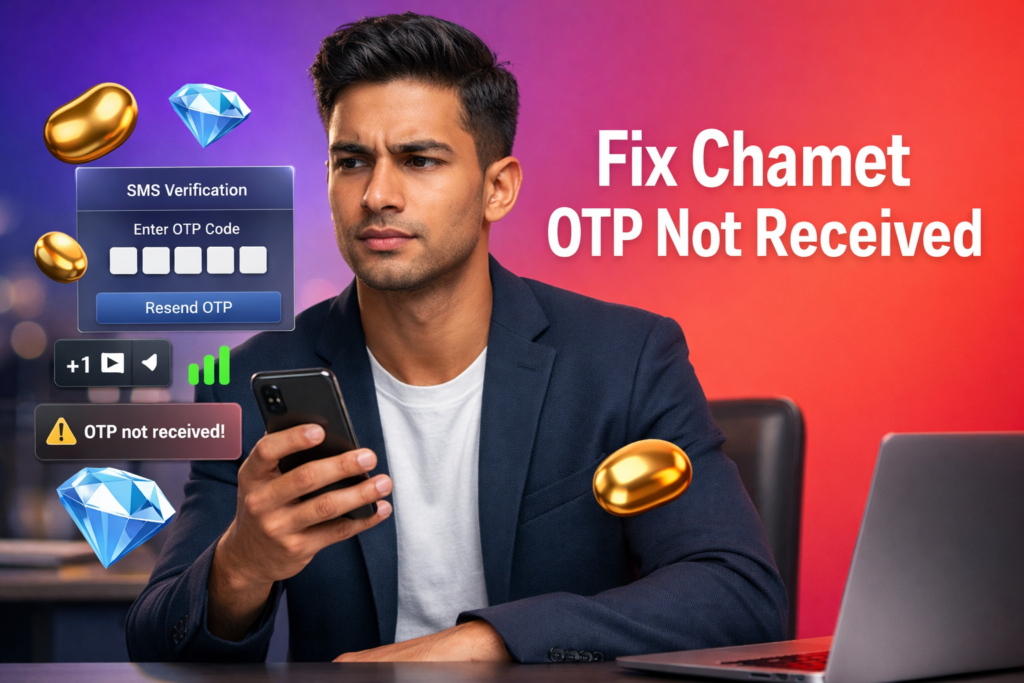 Featured image showing a focused entrepreneur troubleshooting a phone SMS verification screen with resend OTP and country code UI elements, plus golden bean and sky-blue diamond icons for a chamet agency guide on how to fix chamet otp not received.