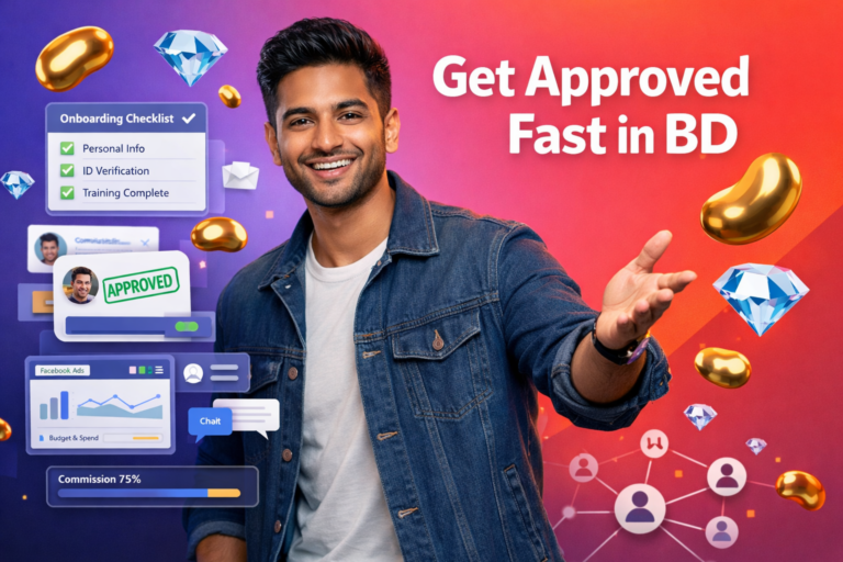 Featured image of a friendly entrepreneur in a modern workspace with 3D onboarding and approval UI elements, plus gold beans and sky-blue diamond icons, illustrating chamet agency recruitment in bangladesh and fast registration steps for hosts and commission growth in Bangladesh for a chamet agency.