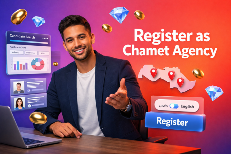 Featured image for chamet agency recruitment in arab countries showing a welcoming entrepreneur in a modern workspace with 3D recruitment UI elements, language targeting, MENA location markers, and floating golden beans and sky-blue diamonds.