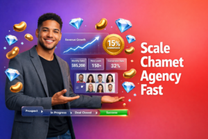 Confident entrepreneur with 3D dashboards and growth metrics showing how to scale a chamet agency fast, with golden beans and sky-blue diamonds on a vibrant gradient background.
