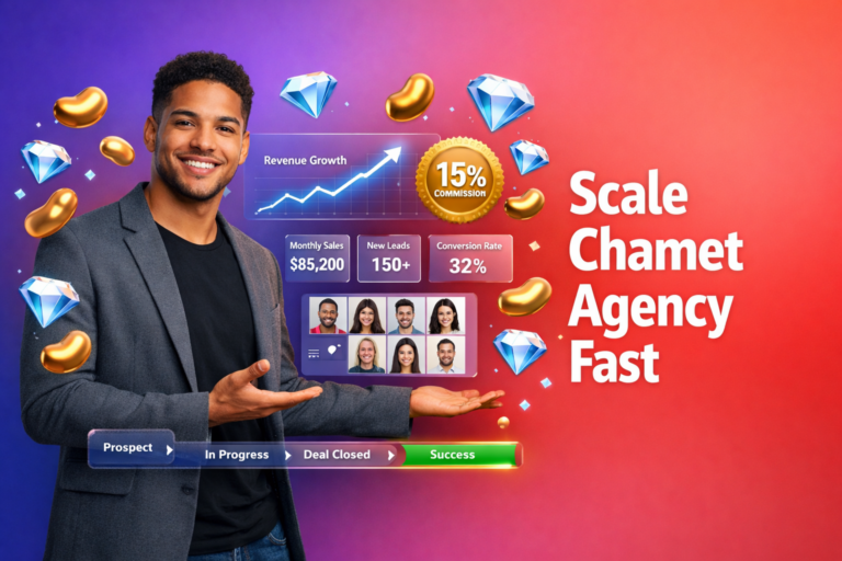 Confident entrepreneur with 3D dashboards and growth metrics showing how to scale a chamet agency fast, with golden beans and sky-blue diamonds on a vibrant gradient background.