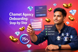 Focused entrepreneur reviewing a step-by-step onboarding workflow with registration, login, and team invite UI elements, plus gold beans and blue diamonds in a modern gradient tech workspace for chamet agency.