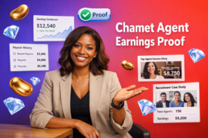 Featured image showing a young entrepreneur in a modern workspace with floating earnings dashboards, case-study UI panels, and 3D golden beans and sky-blue diamonds illustrating chamet agent earnings proof and examples for joining and growing a chamet agency.