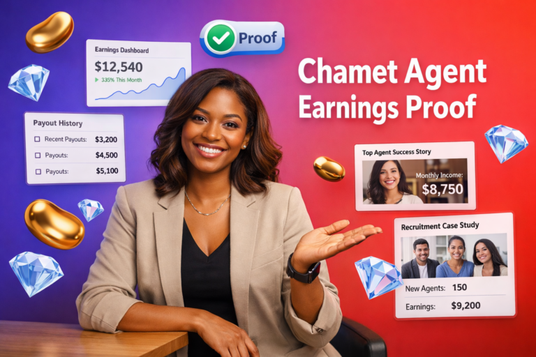 Featured image showing a young entrepreneur in a modern workspace with floating earnings dashboards, case-study UI panels, and 3D golden beans and sky-blue diamonds illustrating chamet agent earnings proof and examples for joining and growing a chamet agency.