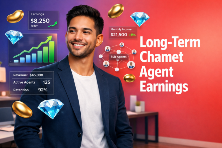 Confident young entrepreneur in a modern workspace interacting with 3D dashboards, network growth nodes, and golden bean and sky-blue diamond icons, illustrating a chamet agent passive income strategy for scaling a chamet agency and long-term earnings.