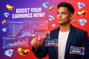 Featured image for chamet agent commission tiers explained with examples, showing a professional entrepreneur reviewing A–K tier dashboards and income scenarios for chamet agency.