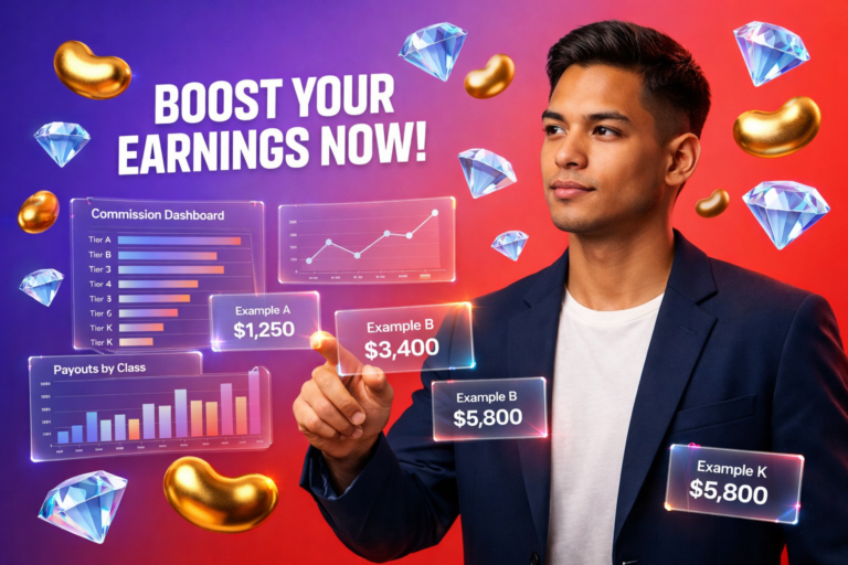 Featured image for chamet agent commission tiers explained with examples, showing a professional entrepreneur reviewing A–K tier dashboards and income scenarios for chamet agency.