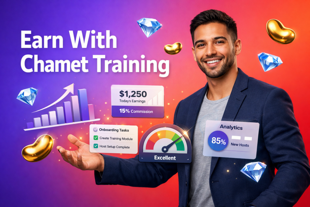 Featured image of a confident entrepreneur in a modern workspace using host onboarding dashboards and commission analytics, highlighting the chamet agency training system for hosts and performance growth.