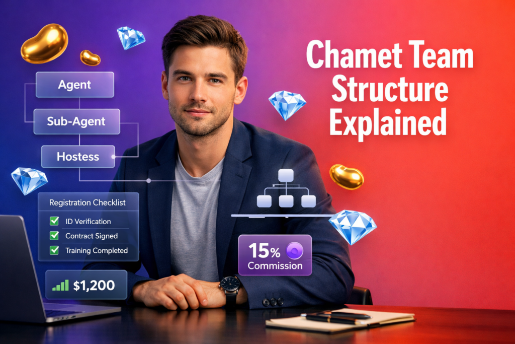 Featured image showing a focused entrepreneur reviewing an agent, sub-agent, and hostess hierarchy with floating UI elements, golden beans, and sky-blue diamonds for chamet agency team structure explained.