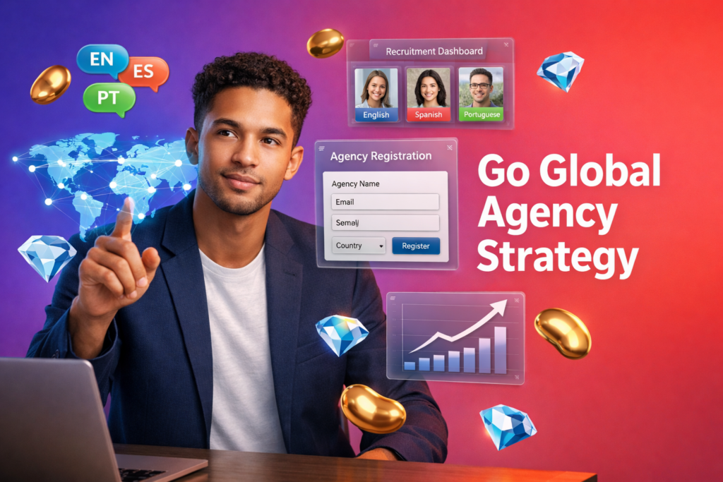 Featured image showing a young entrepreneur planning global growth with multilingual dashboards, world map analytics, and floating bean and diamond icons for chamet agency international expansion strategy.