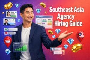 Featured image for a hiring guide on chamet agency recruitment in southeast asia, showing a professional entrepreneur in a modern workspace with floating 3D recruitment UI elements plus gold beans and sky-blue diamonds.