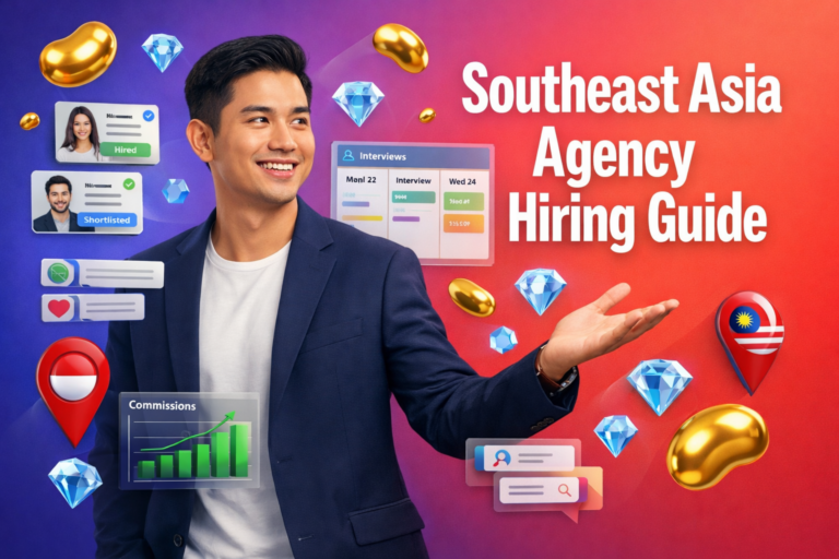 Featured image for a hiring guide on chamet agency recruitment in southeast asia, showing a professional entrepreneur in a modern workspace with floating 3D recruitment UI elements plus gold beans and sky-blue diamonds.