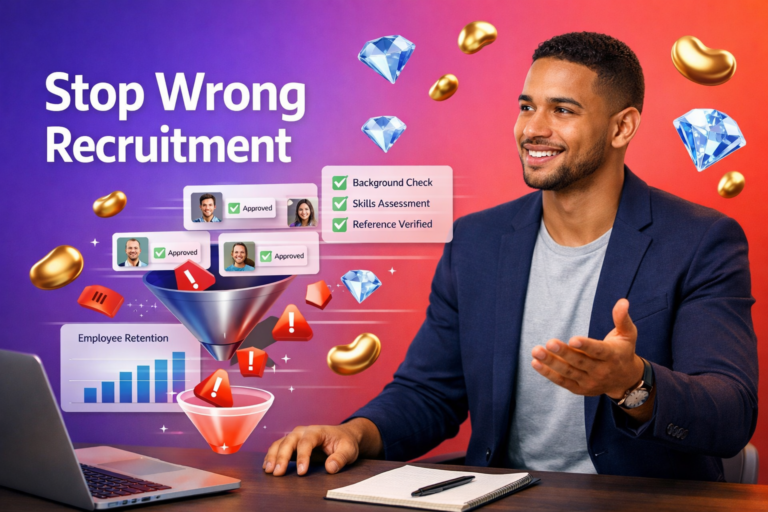 Featured image of a young entrepreneur reviewing recruitment dashboards and verification checklists with floating 3D UI elements, golden beans and sky-blue diamonds, explaining how to avoid chamet agent mistakes for a chamet agency.